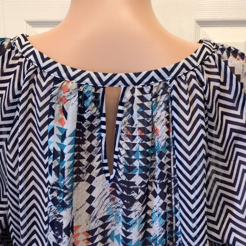 New Directions Womens Chevron Print Sheer Boho Peasant Blouse Top Size Large - Picture 5 of 7